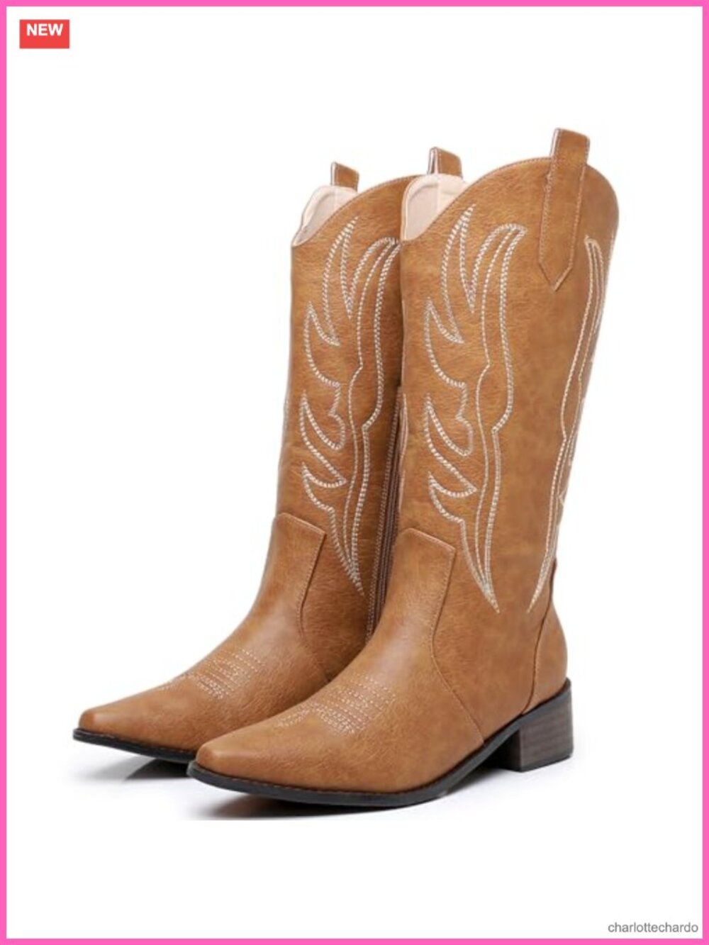 Women's Cowboy Boots Mid Calf Embroidered Chunky Heel Faux Leather